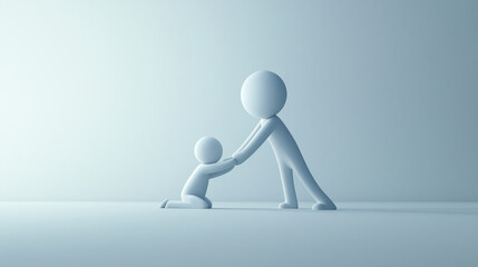 Minimalistic figures in a symbolic gesture of support and help, representing compassion, assistance, and teamwork in a serene, monochromatic environment