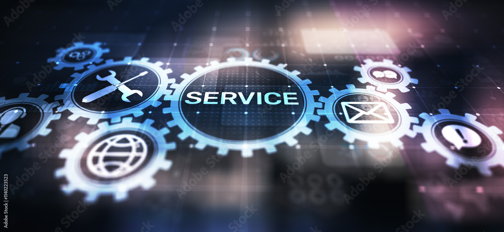 Poster service support customer help call center business technology button on virtual screen.