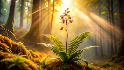 delicate flower stands amidst lush ferns, illuminated by golden hour light in serene forest. enchanting scene evokes tranquility and natural beauty