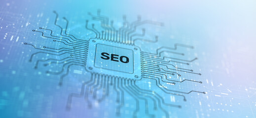 SEO Search Engine Optimization Techniques Illustrated on a Processor, Business and Technology Concept.