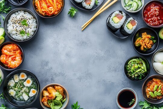 Korean dishes chopsticks over assorted appetizers in ceramic bowls on a gray table