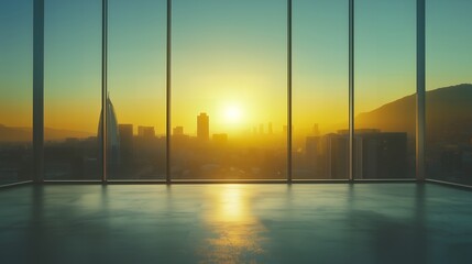 Elegant corporate interior, unfurnished and open, bathed in warm evening sunlight with vast views, exuding tranquility and prestige
