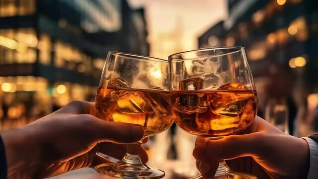 Close up shot of male hand toasting with drinks with big city lights as background