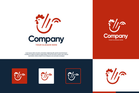 chicken logo with wings abstract line, animal food products, vector design illustration.