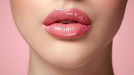 Fototapeta premium Close up shot of beautiful female lips on pink background. Perfect makeup.