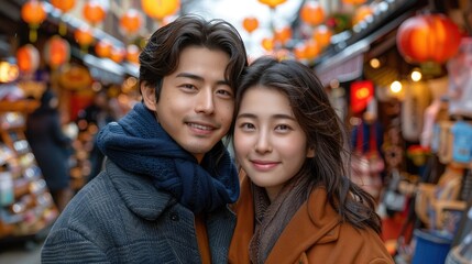 A couple smiles together in a vibrant street adorned with lanterns.