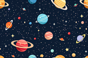 Colorful space scene with planets and stars. The planets are of different sizes and colors, and the stars are scattered throughout the image. Scene is one of wonder and awe