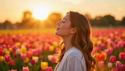 Naklejka premium Sunset serenity in a vibrant tulip field celebrating nature’s beauty and personal tranquility