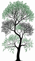 Tree illustration, nature symbol, minimalist design, green leaves, black silhouette, environmental concept, copy space