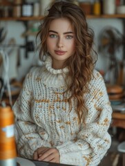 Portrait of a beautiful young woman in a white knitted sweater.