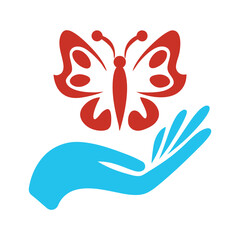 Butterfly in Hand Vector Logo Design.