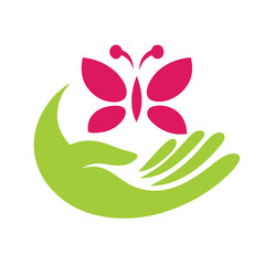 Butterfly in Hand Vector Logo Design.