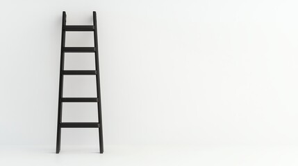 A simple black ladder stands against a clean white wall, emphasizing minimalism and space.