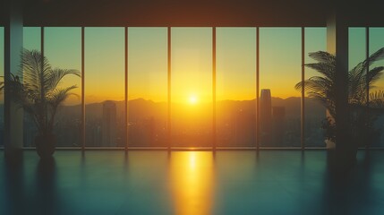 Fototapeta premium Golden sunlight pours into a spacious, unfurnished office with modern finishes and panoramic windows overlooking a stunning view