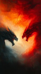 Fototapeta premium Two Dragons Clash in the Sky with Fiery Clouds and a Dramatic Mountain Backdrop 