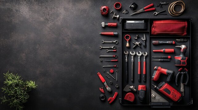 A clean and modern layout of a mechanic s toolbox neatly organized with various tools and hardware for repair construction and industrial work  The toolbox features a minimalist and organized design