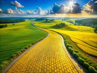 Aerial Drone Shot Yellow Brick Road Fantasy Landscape, Magical Yellow Brick Road Pathway, Drone Photography Yellow Brick Road, High-Resolution Aerial View Yellow Brick Road