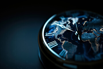 Clock with roman numerals showing the time as 10:30. The clock face is decorated with a globe and the hands are pointing to the numbers 10 and 11