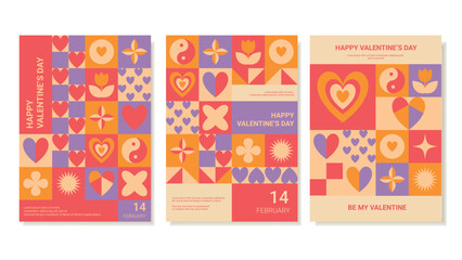Minimalistic Cards for Valentine's Day, 14 February. Modern Trendy Flat Design with Geometric Icons, Hearts, Stars. Vector