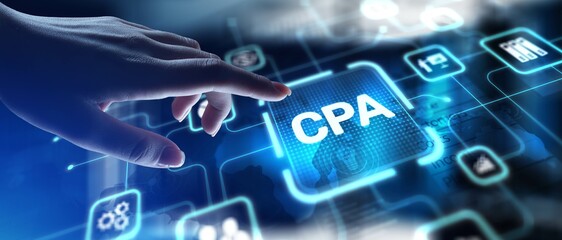 CPA Certified Public Accountant Professional Accounting and Financial Services, projection on a virtual screen, Business and Technology Concept.