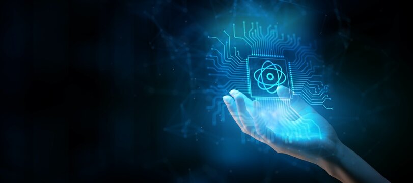 Quantum Computing Concept: Revolutionizing Information Processing Illustrated on a Processor Touched by a Human Hand.