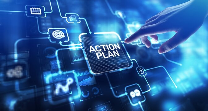 Action Plan Strategic Planning and Goal Setting, projection on a virtual screen, Business and Technology Concept.