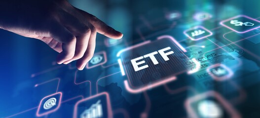 ETF Exchange-Traded Fund Investment Strategy, projection on a virtual screen, Business and Technology Concept.