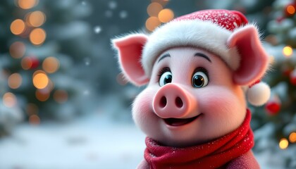 Pink Pig with santa claus hat