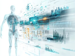 Fototapeta premium A digital representation of a human skeleton with data visualization elements.