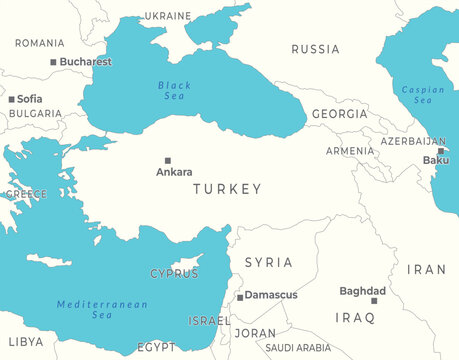 Political map of Turkey and Syria, highlighting the surrounding neighboring countries