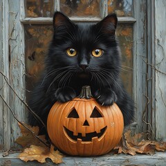photorealistic black cat, perched on a pumpkin, Halloween night, spooky porch 