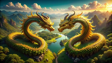 Fototapeta premium Aerial Heart Shaped Golden Dragons: Stunning Fantasy Photography