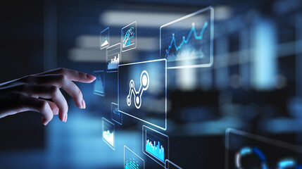 Big data analysis, business intelligence, technology solutions concept on virtual screen.