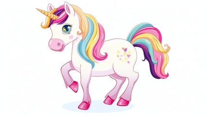 Fototapeta premium A cartoon unicorn with a rainbow mane and tail.