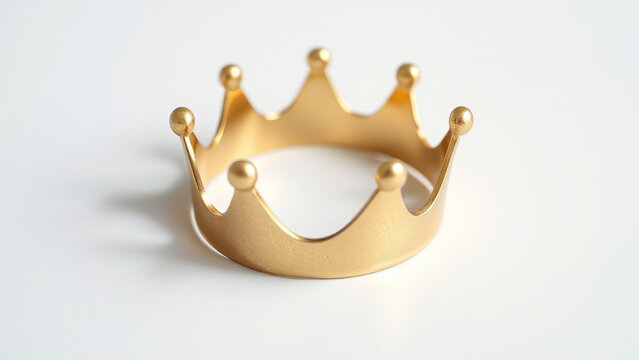 Gold-Lustered Crown Feve: A luxurious feve in the shape of a small crown, finished with a gold luster glaze, resting on a pure white background; the reflective surface adds a subtle shimmer
