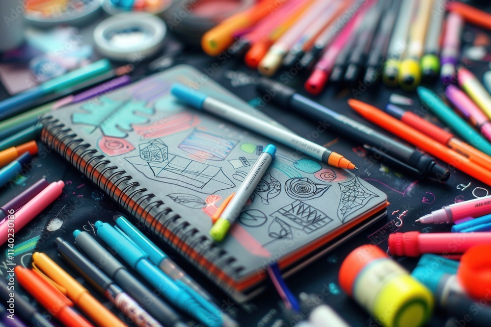 Aufkleber crafting creativity with colorful markers and doodles on a spiral notebook spread on a vibrant works