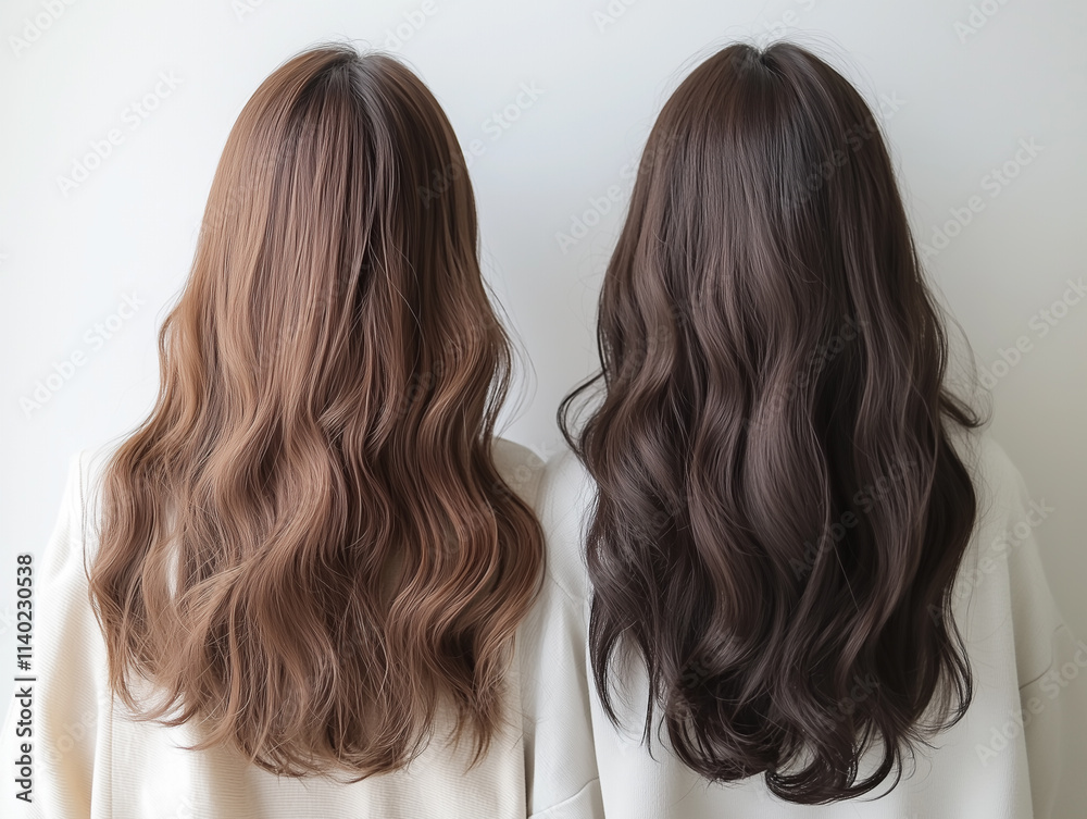 Aufkleber 2人の若い女性の後ろ姿で、美しい長い巻き髪にフォーカスした写真。ヘアケアのイメージ撮影。