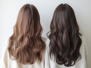 2人の若い女性の後ろ姿で、美しい長い巻き髪にフォーカスした写真。ヘアケアのイメージ撮影。
