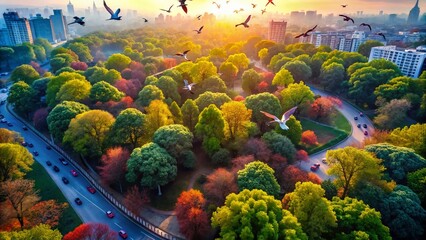 Aerial Photography: Bird Song Noise Pollution, Drone View, Urban Soundscape, Nature vs City, Environmental Impact, High Resolution Image
