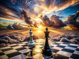 Aerial Photography: Chessboard Battle - Black King Triumphs Over White, Epic Aerial View, Dramatic Sky, High-Resolution Image