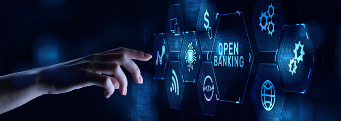 Open banking digital finance technology fintech concept on screen.
