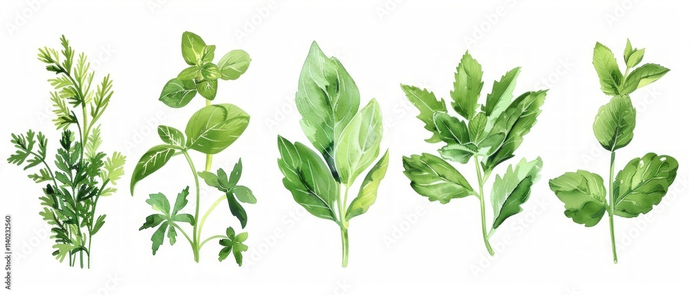 Wall mural Illustration of six herbs on white background: rosemary, thyme, parsley, mint, sage, and another herb. Clean, refreshing green visual.