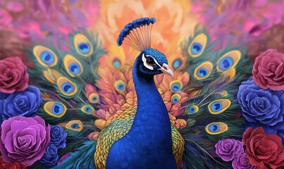 Obraz premium Majestic peacock with vibrant tail feathers surrounded by colorful roses.