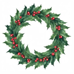 Watercolor Holly Wreath: A festive circular wreath, adorned with lush green holly leaves and vibrant red berries, perfect for adding a touch of Christmas cheer to any design.  