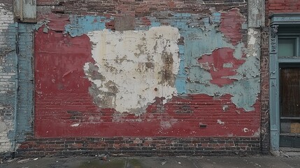 Naklejka premium Cracked and Peeling Urban Wall with Red, Blue, and White Paint Layers in Distressed Condition