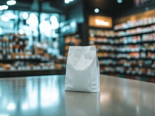 white paper bag, paper bag on a pharmacy countertop