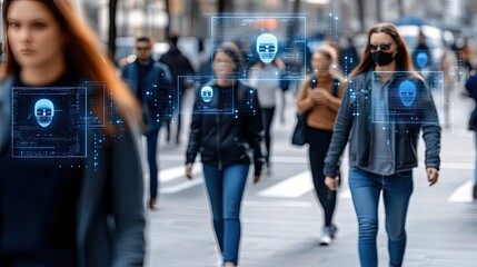 People navigate a bustling street under the watchful eye of facial recognition technology, highlighting modern security measures in daylight