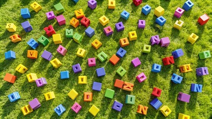 Fototapeta premium Aerial View ABC Blocks, Alphabet Blocks Drone Shot, Colorful Letter Blocks Overhead, High Angle Toy Blocks Photography
