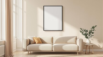 Modern Minimalist Living Room With Blank Poster Frame Above Beige Sofa and Wooden Decor, Perfect Background for Product Presentation or Branding Mockup