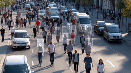 People navigate a bustling street under the watchful eye of facial recognition technology, highlighting modern security measures in daylight